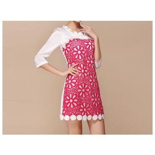 Strawberry Flower 3/4 Sleeved Crochet Organza Dress
