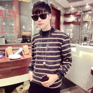 JUN.LEE Tree Embroidered Striped Sweater