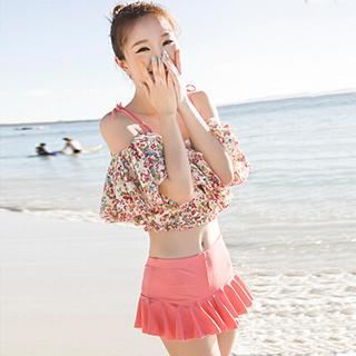 Little Dolphin Set: Bikini Top + Swim Skirt + Off-Shoulder Floral Top