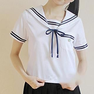 Skool Short-Sleeve Sailor-Collar Pleated Mini Dress