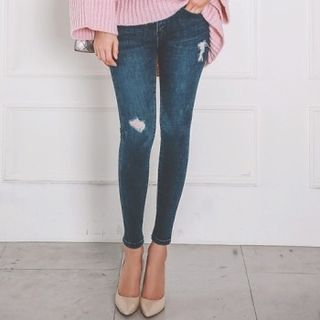 ERANZI Distressed Brushed-Fleece Lined Skinny Jeans