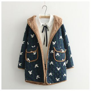 Angel Love Bird Print Hooded Quilted Coat