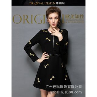 Ovette Long-Sleeve Arrow Embroidered A-Line Dress