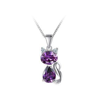 BELEC 925 Sterling Silver Cat Pendant with Purple Cubic Zircon and Necklace