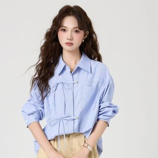 Long-Sleeve Striped Bow Pocket Detail Shirt