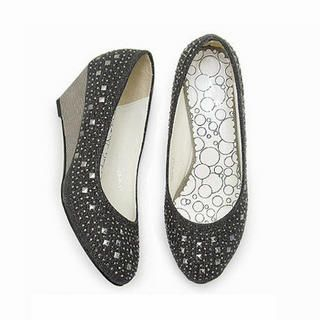 Studded Denim Wedge Pumps