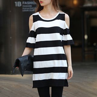 Fashion Street Striped Cutout Shoulder Short-Sleeve Dress