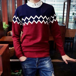 Besto Long-Sleeve Zigzag Colour Block Mock Two-piece Knit Shirt