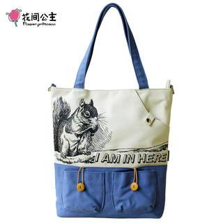 Flower Princess Contrast Squirrel-Print Canvas Tote Blue - One Size