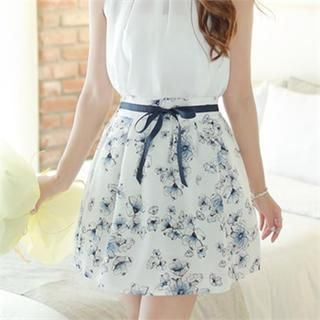 mimi & didi Ribbon-Front Floral Pattern Mini Skirt