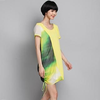 Mythmax Short-Sleeve Dyed Paneled Chiffon Dress