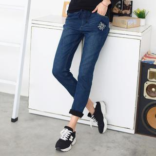 59 Seconds Embroidered Washed Drawstring Waist Jeans