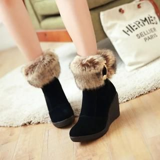 Pastel Pairs Faux Fur Wedge Ankle Boots