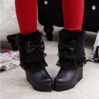 JY Shoes Faux-Fur Trim Bow Accent Wedge Boots
