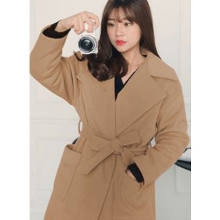HOTPING Open-Front Wool Blend Coat With Sash