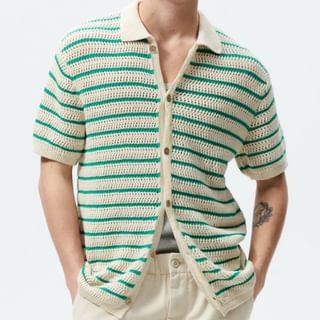 Short-Sleeve Striped Knit Button-Up Top