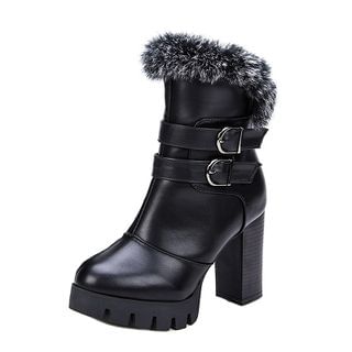 Amy Shoes Platform Block Heel Furry Short Boots