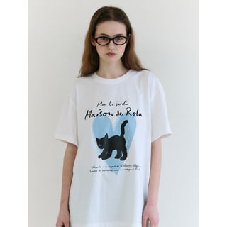 Heart & Cat T-Shirt (White) White - One Size
