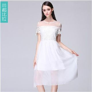 Sentubila Short-Sleeve Lace Chiffon A-Line Dress