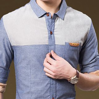 RUYA Long-Sleeve Fleece-Lined Color-Block Shirt
