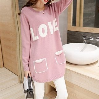 ZCY Pocket-Accent Letter-Pattern Long Knit Top