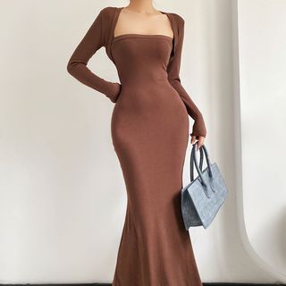 Long-Sleeve Square Neck Plain Mock Two Piece Maxi Mermaid Dress