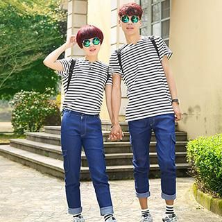 Lovebirds Short-Sleeve Stripe Couple T-Shirt