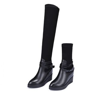 JY Shoes Genuine Leather Hidden Wedge Ankle Boots with Inset Stockings