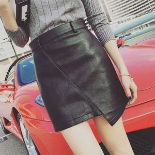 MayFair Asymmetrical Hem A-Line Faux Leather Skirt