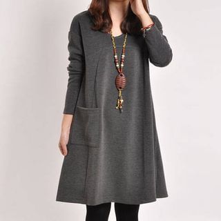 HanyuCODE Plain Linen-blend V-neck Long-Sleeve Dress