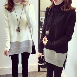 Little V Stand Collar Color Block Knit Pullover