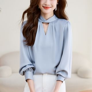 Long-Sleeve Tie-Neck Plain Cutout Blouse