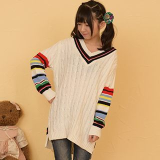 Moriville Striped Sleeve V-Neck Sweater