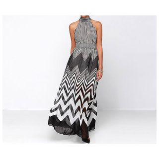 Richcoco Zigzag Print Sleeveless Maxi Chiffon Dress