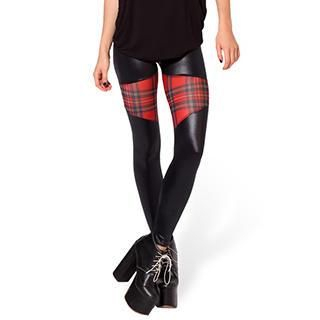 Omifa Plaid-Panel Leggings  Red - One Size
