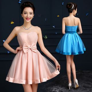 YACCA Strapless Bow Pleated Cocktail Dress