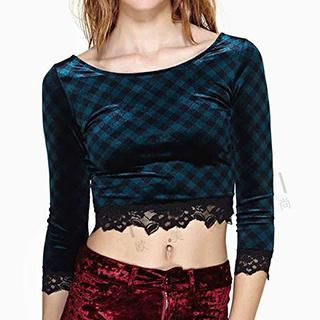 Obel 3/4-Sleeve Lace-Trim Check Pattern Velvet Cropped Top