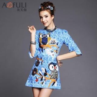 Ovette Owl Print Jacquard A-Line Dress