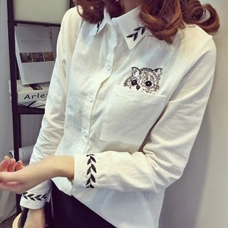 Little V Long-Sleeve Cat Embroidered Shirt
