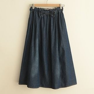 Angel Love Bow Accent Washed Maxi Denim Skirt