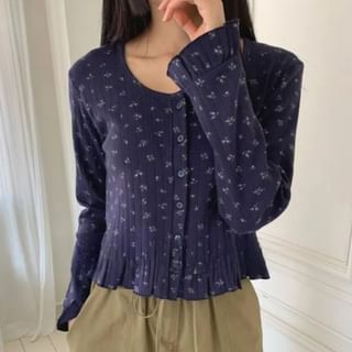Long Seeve Floral Print Ruffled Hem Slim-Fit Light Cardigan