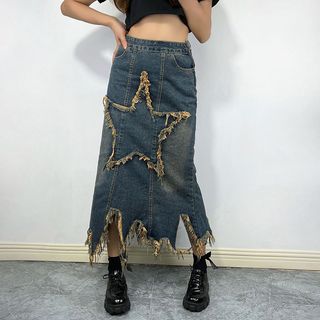 Star Applique Irregular Denim Midi A-Line Skirt