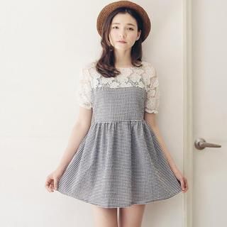 Tokyo Fashion Short-Sleeve Lace-Panel Gingham Dress