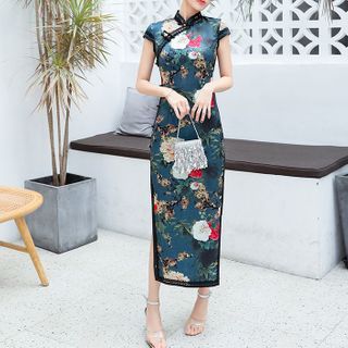 Cap-sleeve Flower Print Maxi Qipao