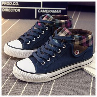 EUNICE Furry-Lined Plaid Denim Sneakers