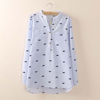Tangi Whale Printed Pinstriped Stand-collar Blouse