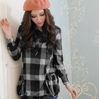 RingBear Buttoned Hooded Plaid Long Top