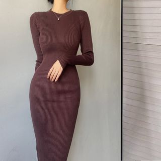 Long Sleeve Round Neck Sheath Maxi Dress Coffee - One Size