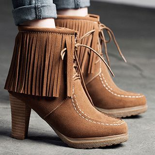 MIAOLV Genuine Suede Fringed Heeled Short Boots