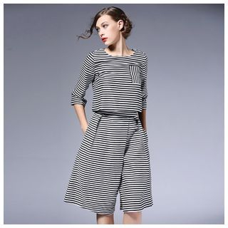 Elabo Set: Striped Elbow-Sleeve Top + Striped Culottes